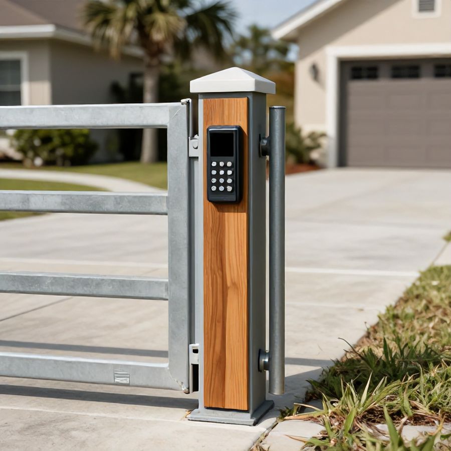 An automatic driveway gate with its keypad at a Tampa Bay residential entrance