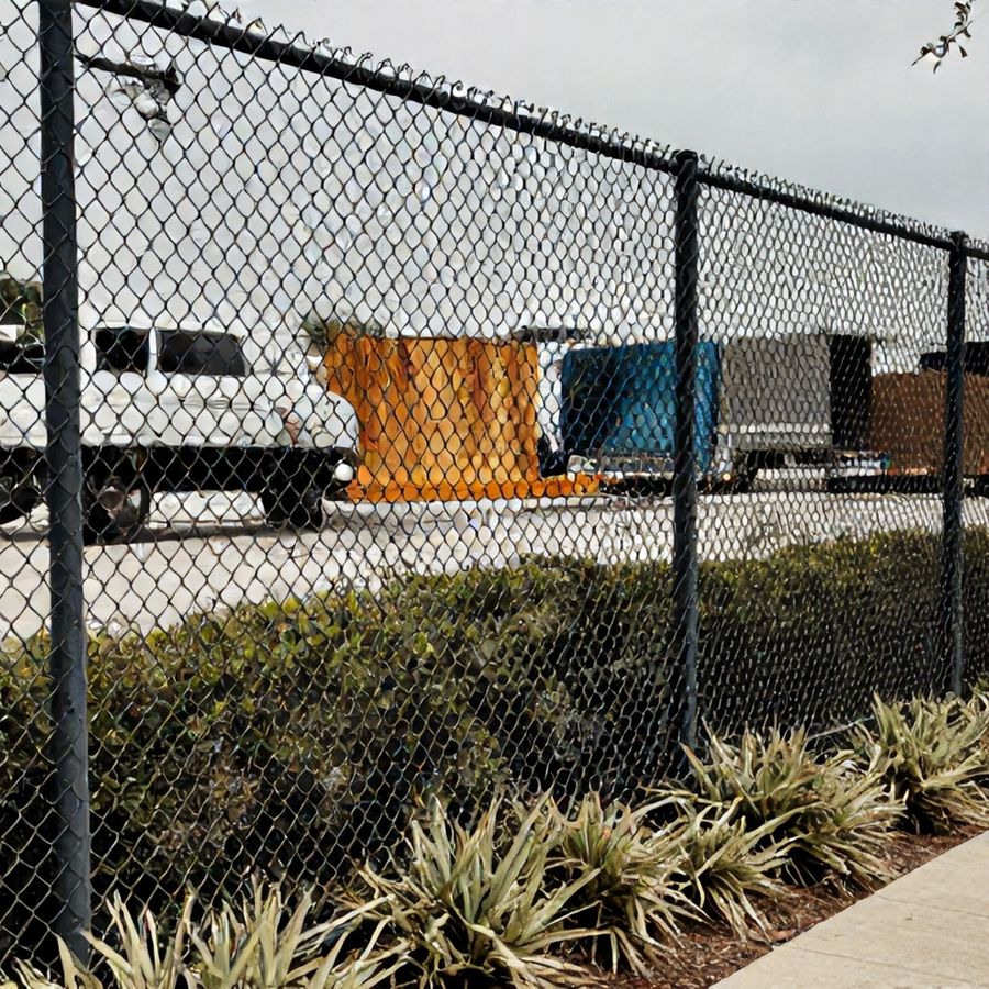 Black vinyl-coated chain link fencing along a landscaped boundary