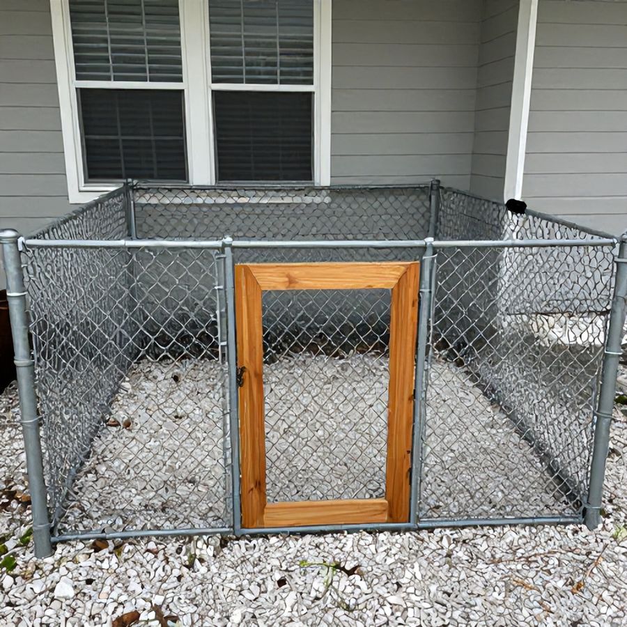 A bounded dog run enclosure separate from the main yard, with gravel flooring