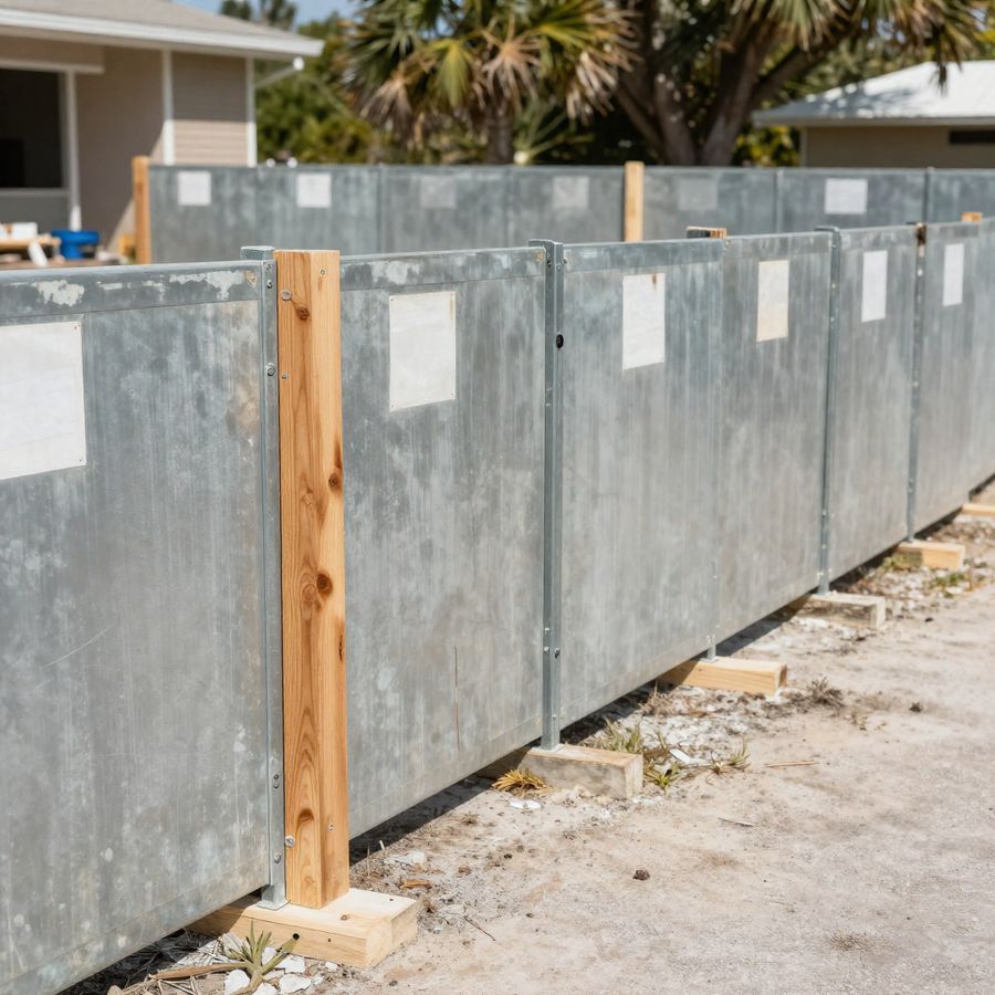 A fence line where the finished run stops and set posts continue into the yard