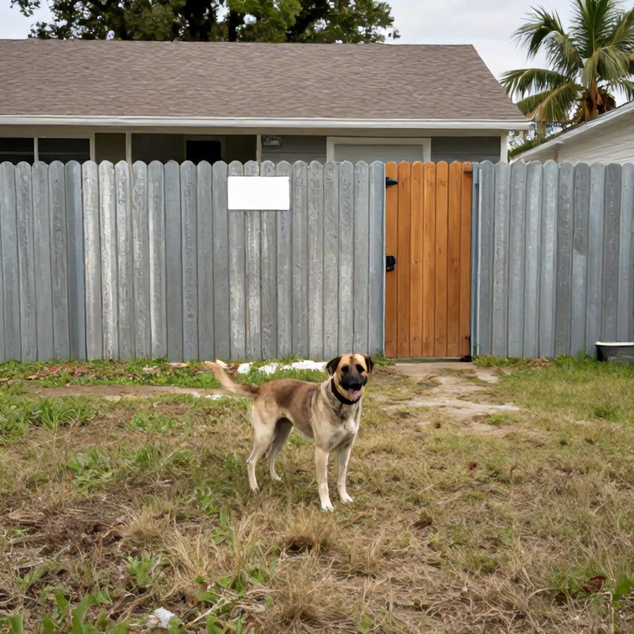 A dog standing at a back-yard fence line.