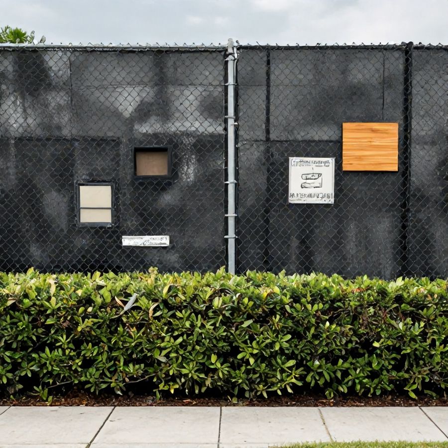 Black vinyl-clad chain link behind a continuous hedge, the configuration Clearwater's code allows