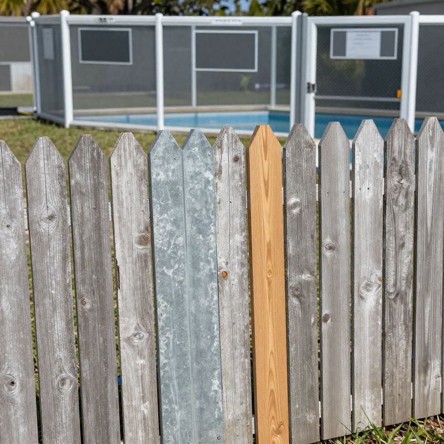 A short like-for-like fence repair beside a pool enclosure gate in Largo, the case the city's permit exemption does not cover