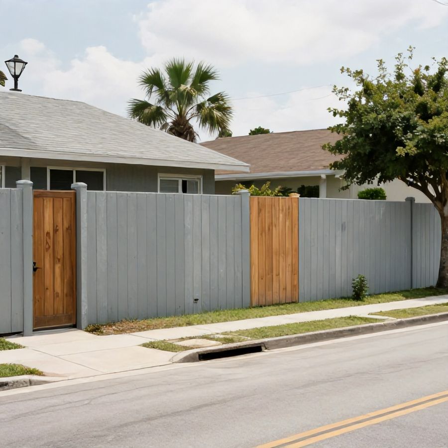A suburban Tampa Bay street with varied fence styles.