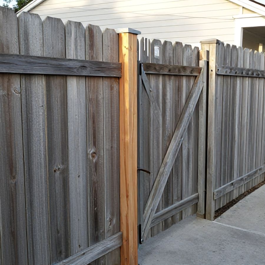 A tape measure stretched along a finished fence line.