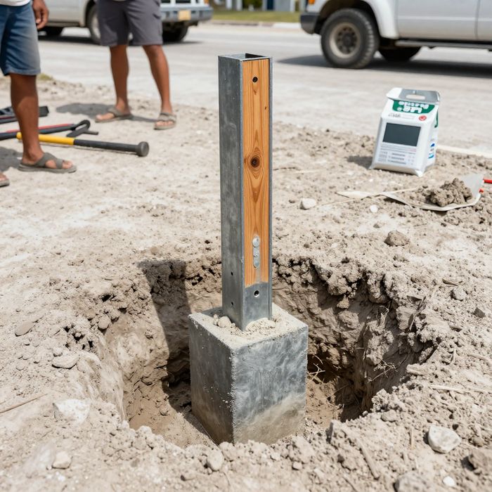 A fence post set in a footing that is wider at its base than at the top, in pale sandy soil.