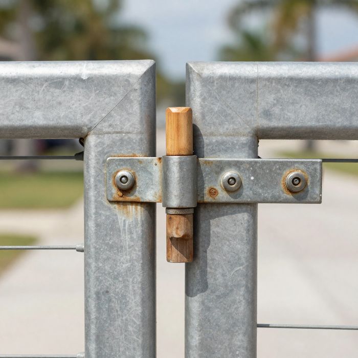 Corrosion staining around the fasteners of a gate hinge on a coastal fence.