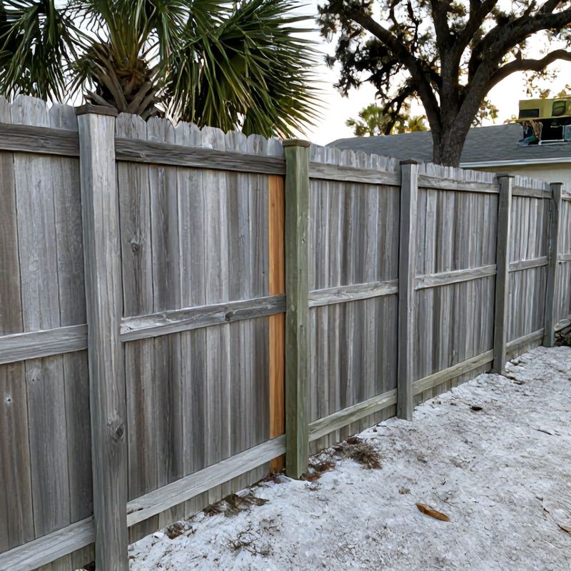 A six-foot wood privacy fence along a Tampa Bay back yard in late afternoon light.