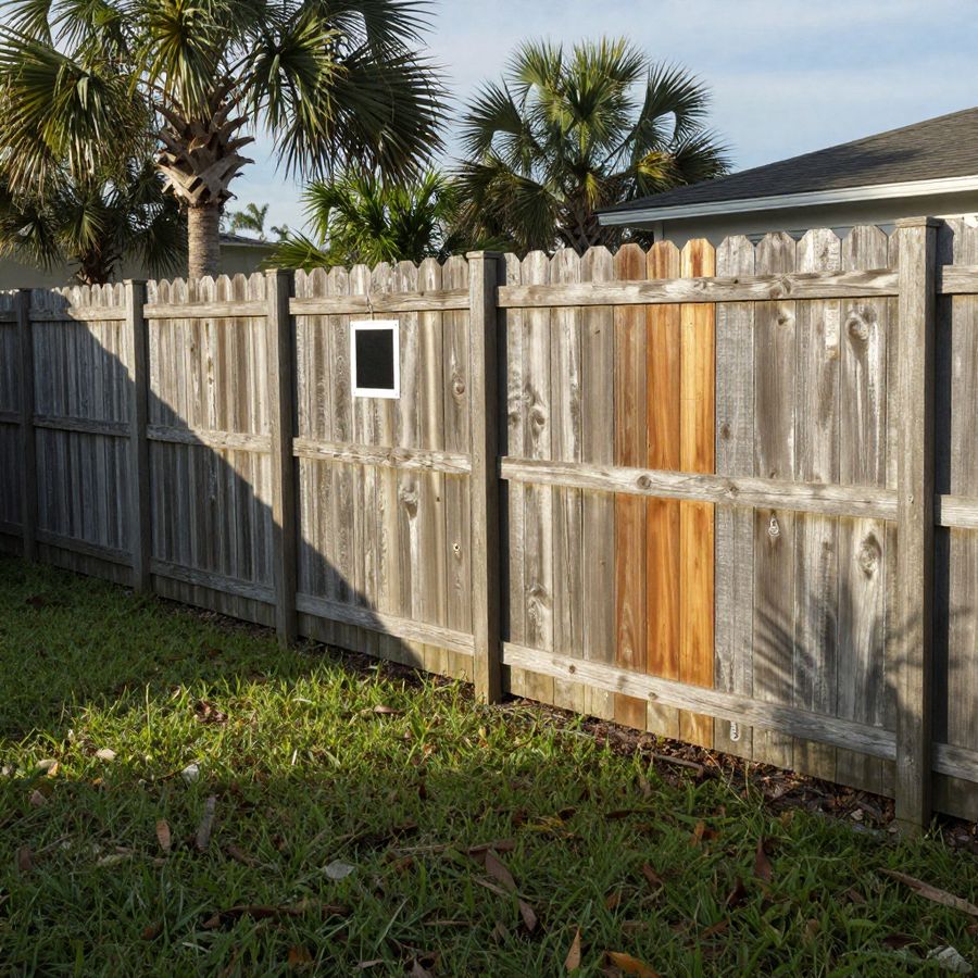 A weathered six-foot wood privacy fence along a Tampa Bay back yard in late afternoon light.