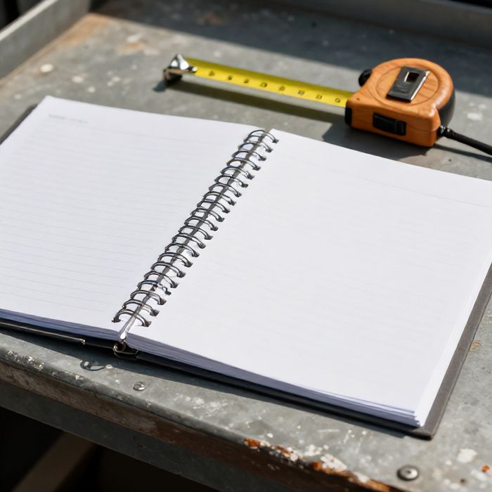 An open municipal code binder and a tape measure on a workbench.