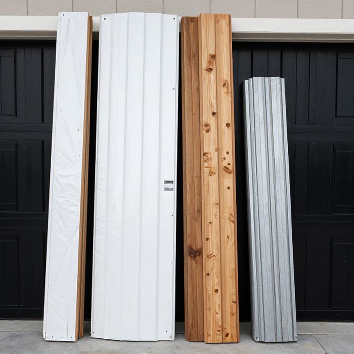 Wood, vinyl and aluminum fence samples leaning against a garage wall.