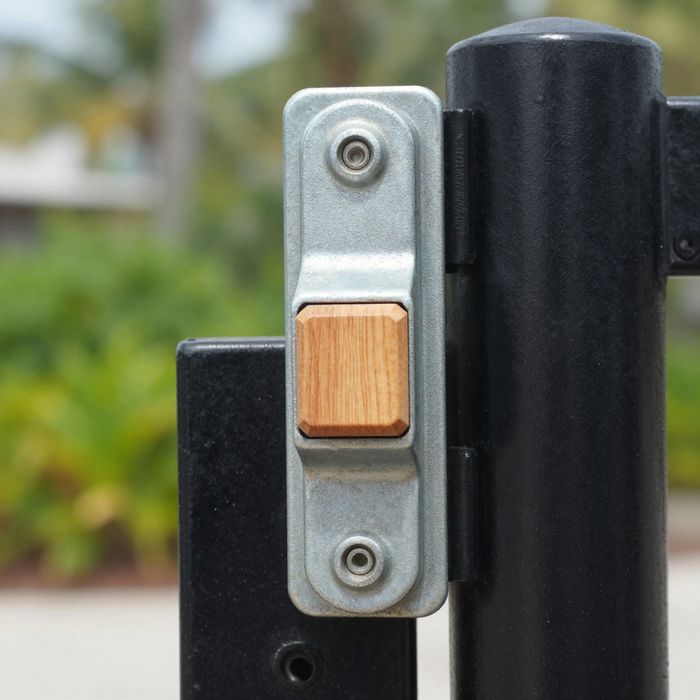 A self-closing gate in a pool barrier fence beside a screened Florida pool.