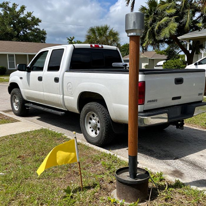 A pickup truck and post-hole auger parked at the edge of a suburban yard.