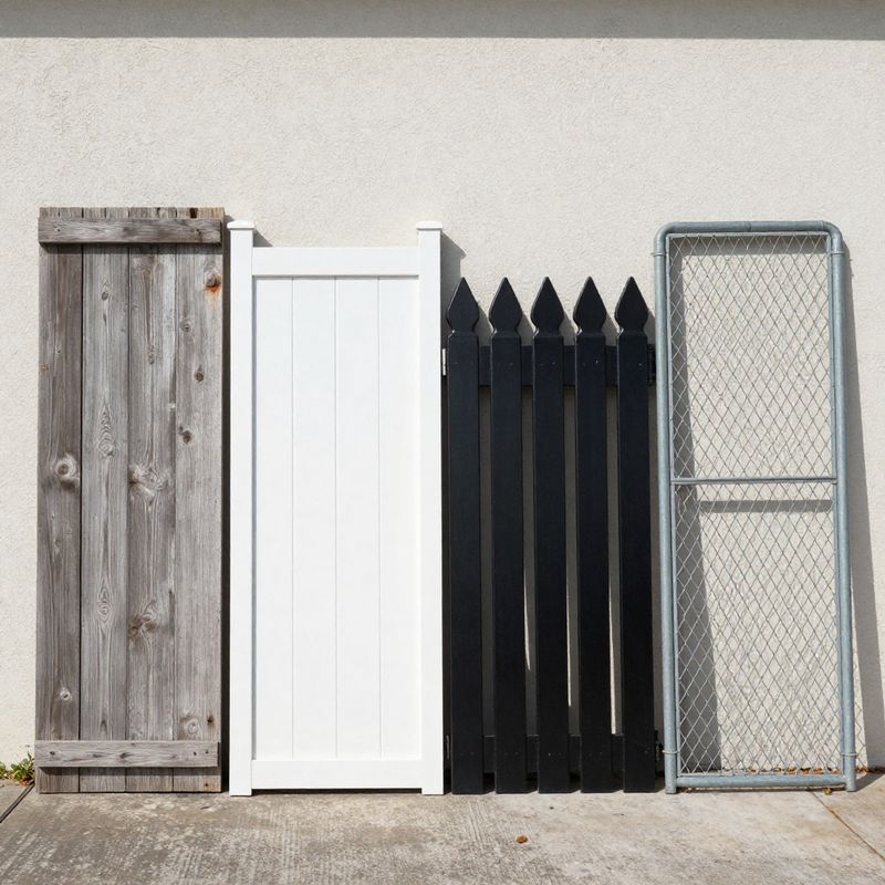 Wood, vinyl, aluminum and chain link fence sections standing side by side in a Florida yard.