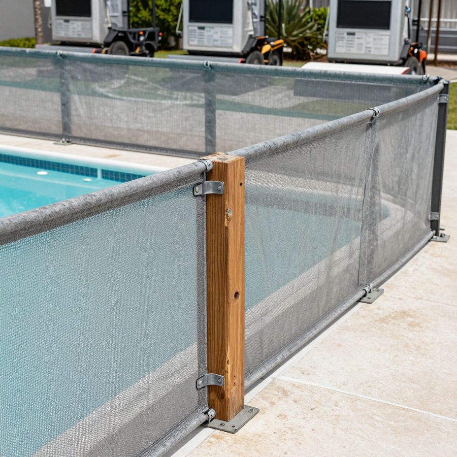 A removable mesh pool barrier installed along a pool deck