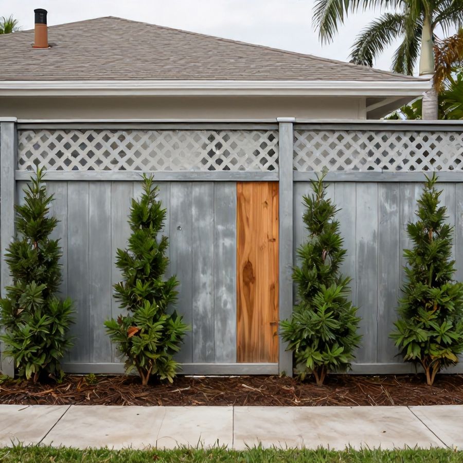 A backyard fence combining a lattice topper and staggered evergreen landscaping for privacy from a two-story neighboring home