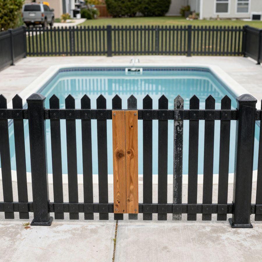 A pool safety barrier with a self-latching gate.