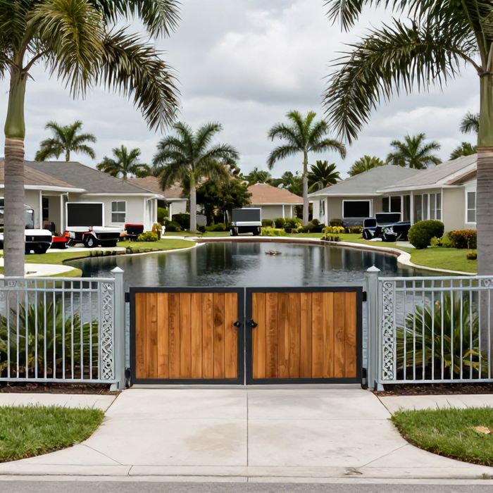 A master-planned subdivision entrance with a stormwater pond and ornamental fencing.