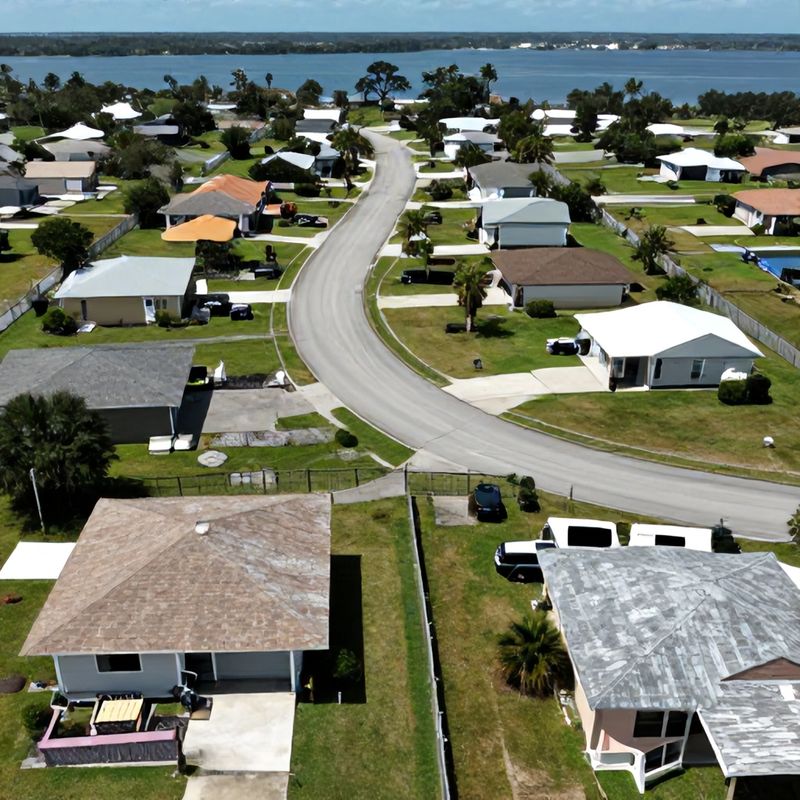 Aerial view over fenced Tampa Bay back yards with an arterial road and water beyond.