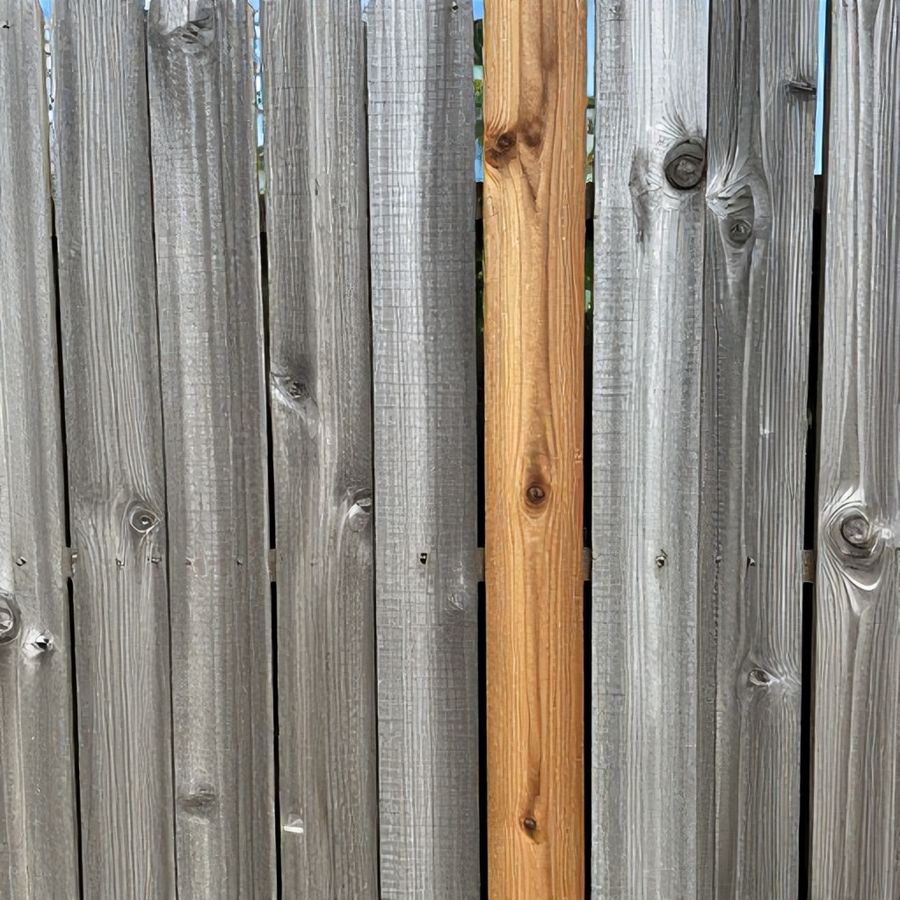 A shadowbox wood fence photographed at an angle, its staggered gaps visible