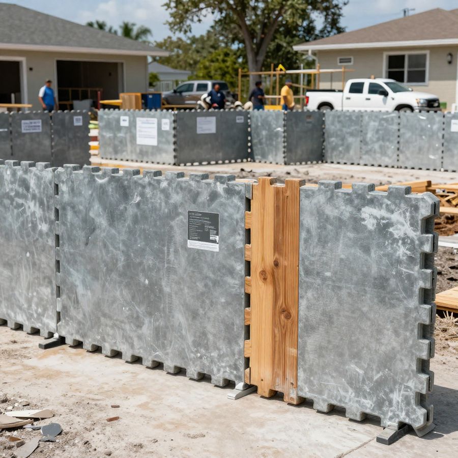 Freestanding interlocking rental fence panels set up around a home construction site, standing on their own feet with no post holes