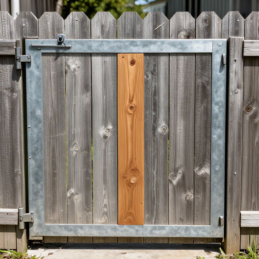 A walk gate in a privacy fence with its self-closing hinge and latch visible