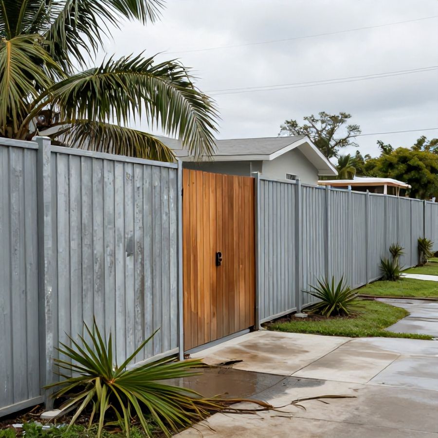 A residential fence standing intact after a storm, with debris scattered around it