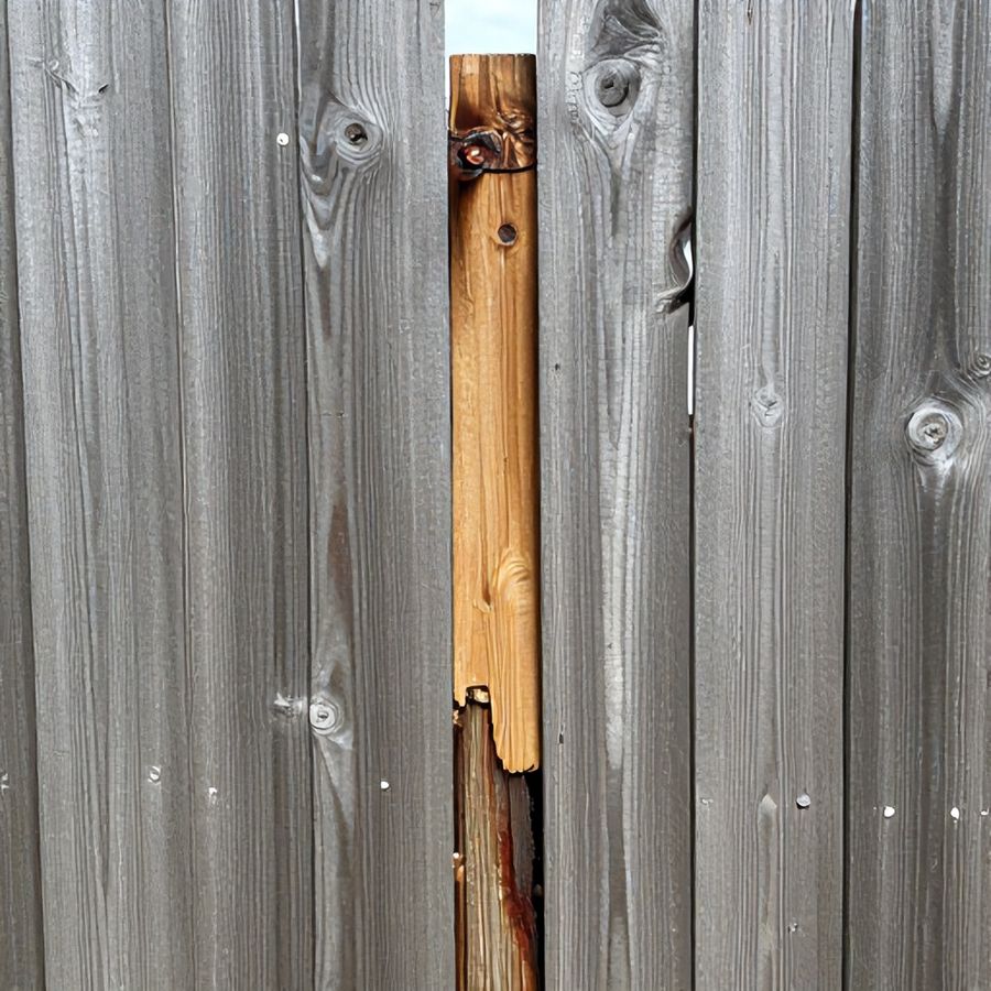 A wood fence post rotted at the ground line while the boards beside it are still sound