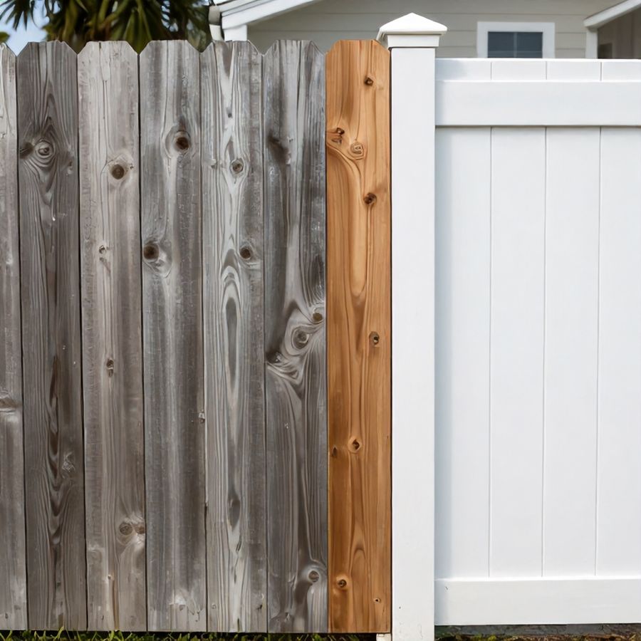 A wood fence panel beside a vinyl fence panel.